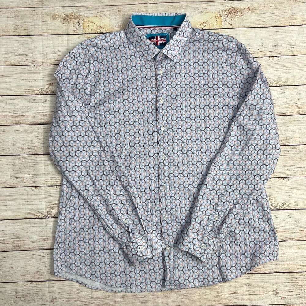 Soul of London‎ XXL Men's Geometric Print Long Sleeve Button Shirt Teal Accents